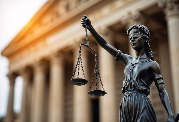 Close-up of Lady Justice statue holding scales